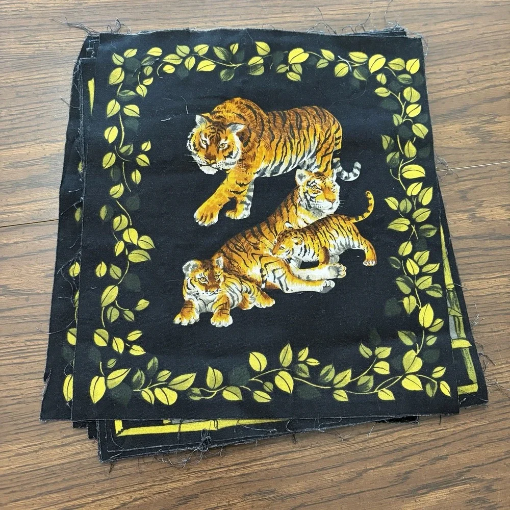 Vintage Tiger Family Fabric Quilt Blocks Lot Of 6 Jungle 11x11 Sewing Craft